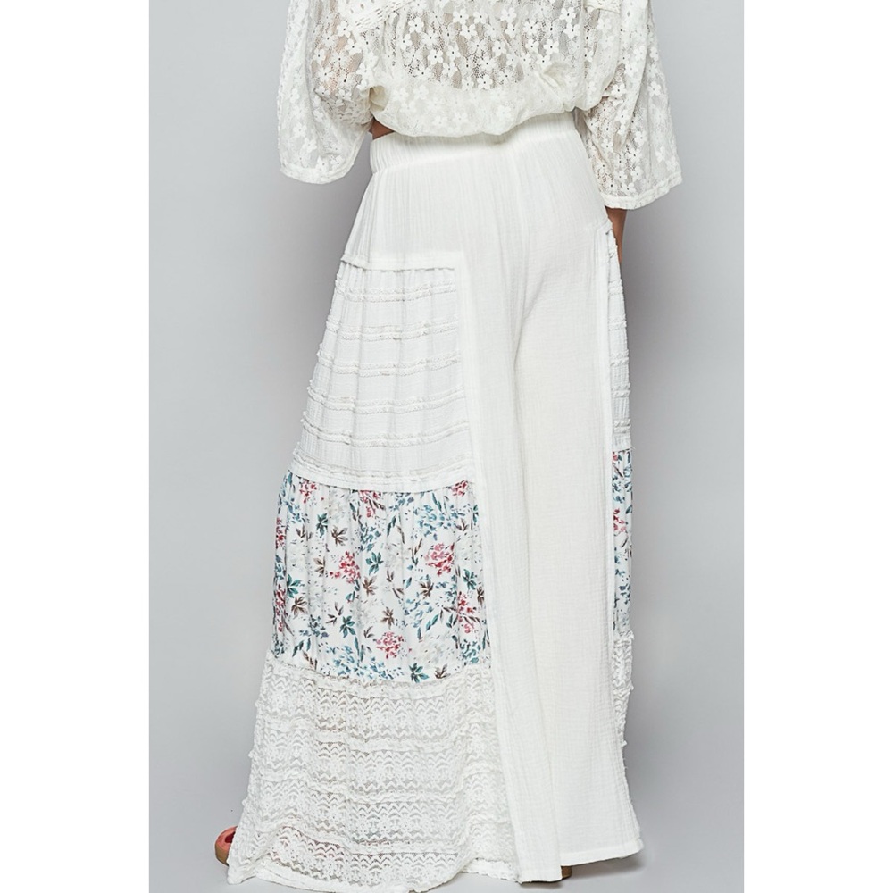 POL Ivory Patchwork Wide Leg Pants | Lace Floral Elastic Waist Pull On - Picture 3 of 7